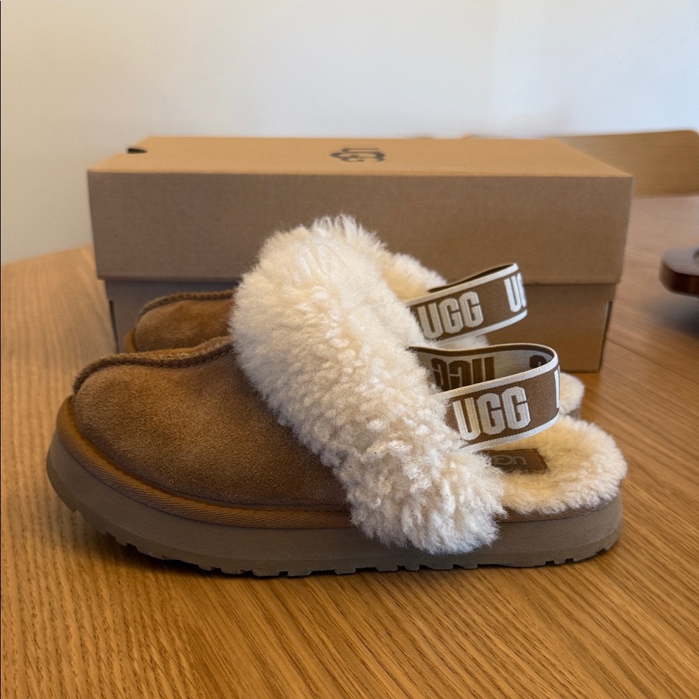 UGG Tan and Cream Shearling Slip-Ons